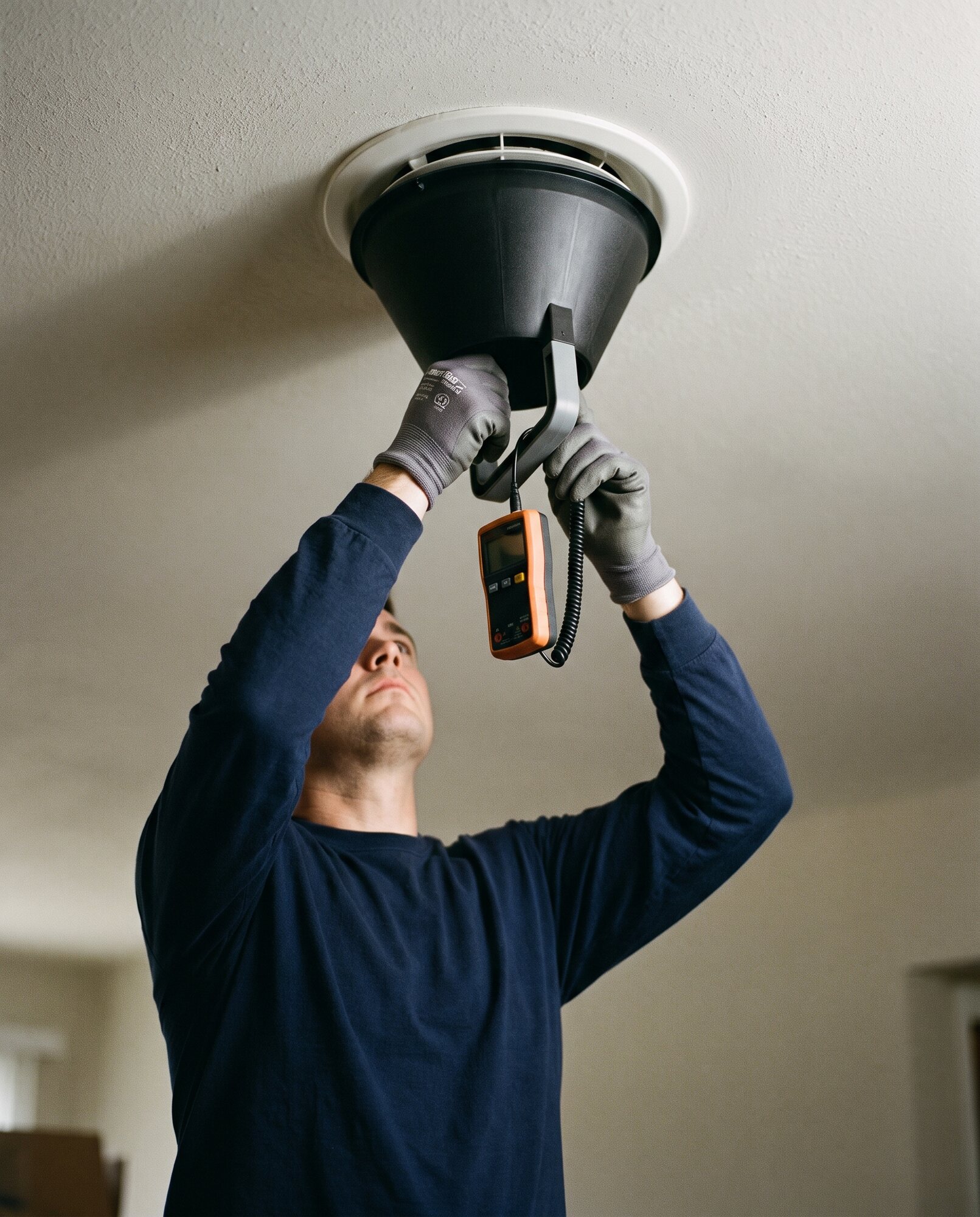 Assessor measuring a ceiling extract valve with an airflow capture hood