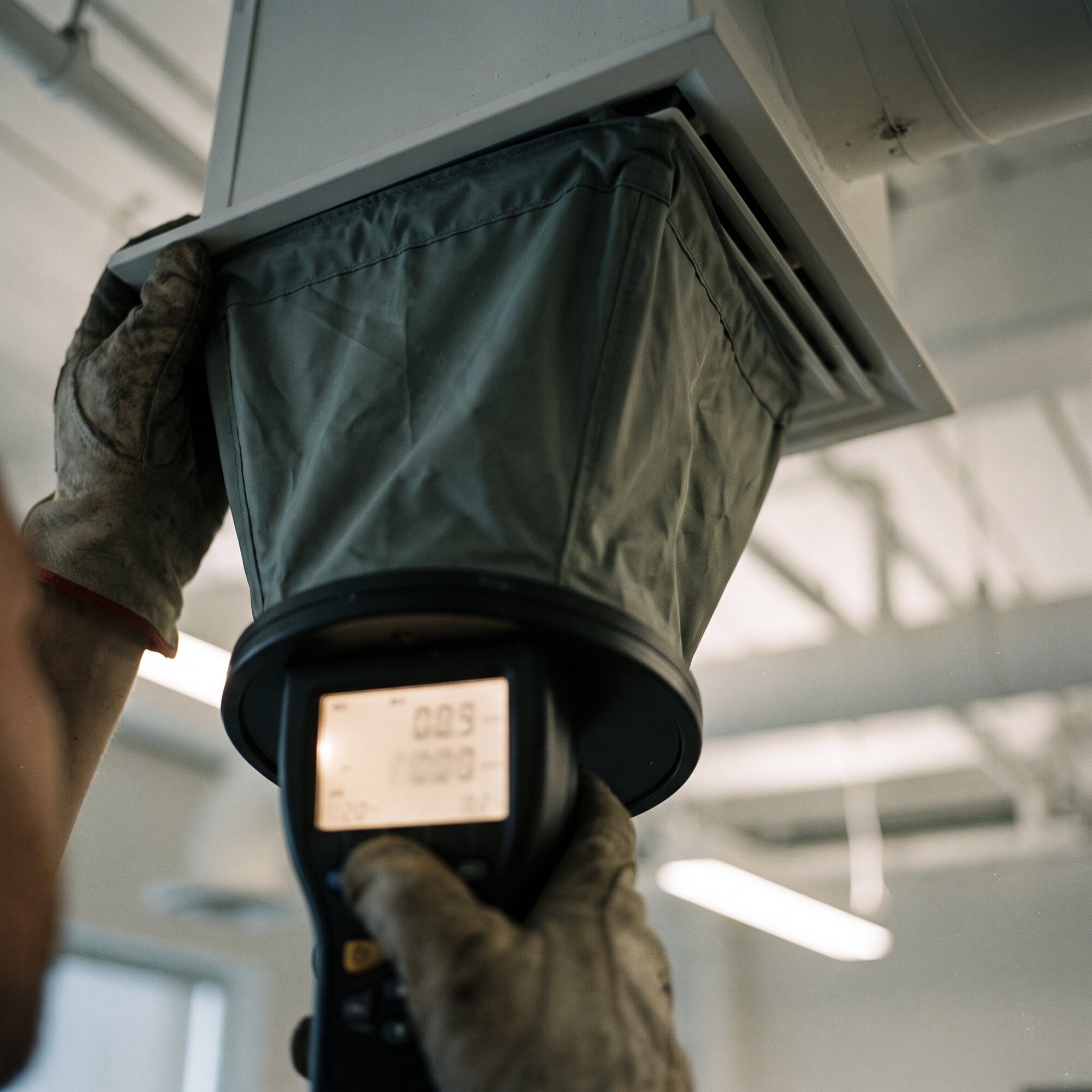 Air flow capture hood on a ceiling diffuser
