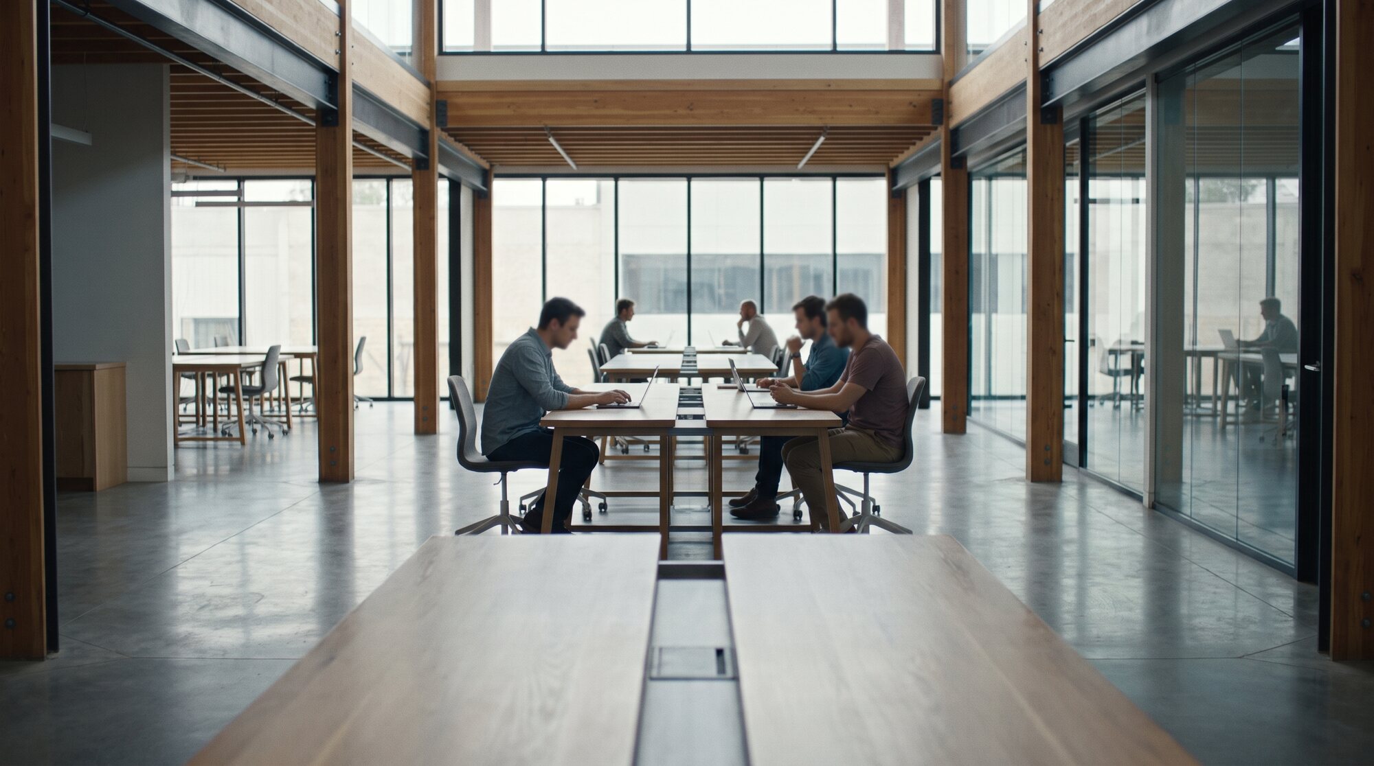 Bright modern office with exposed ventilation ductwork