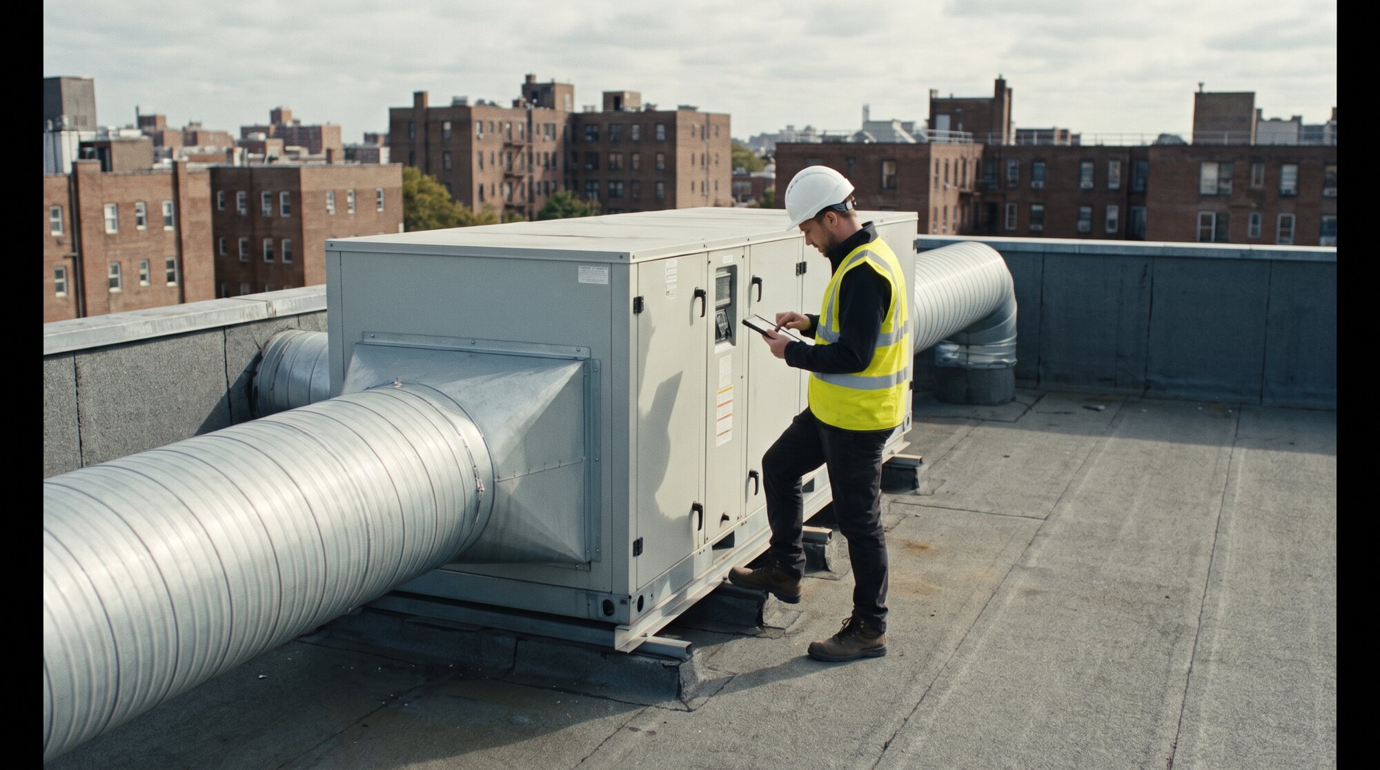 Engineer inspecting rooftop air handling plant in Glasgow