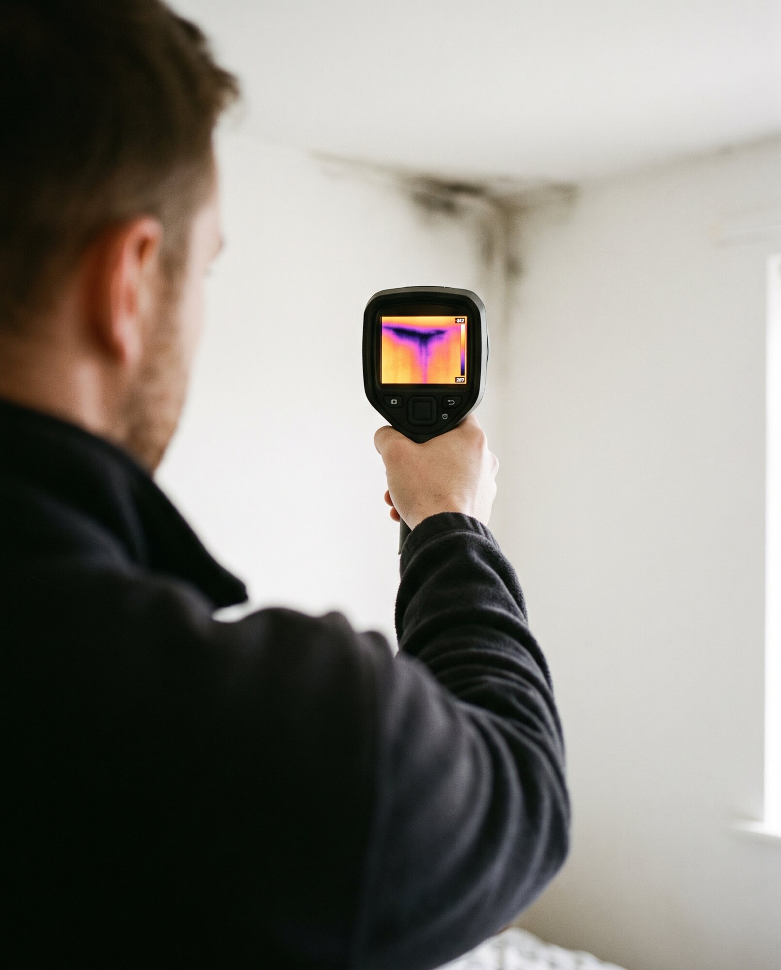 Surveyor using a thermal imaging camera on a mould-affected ceiling corner